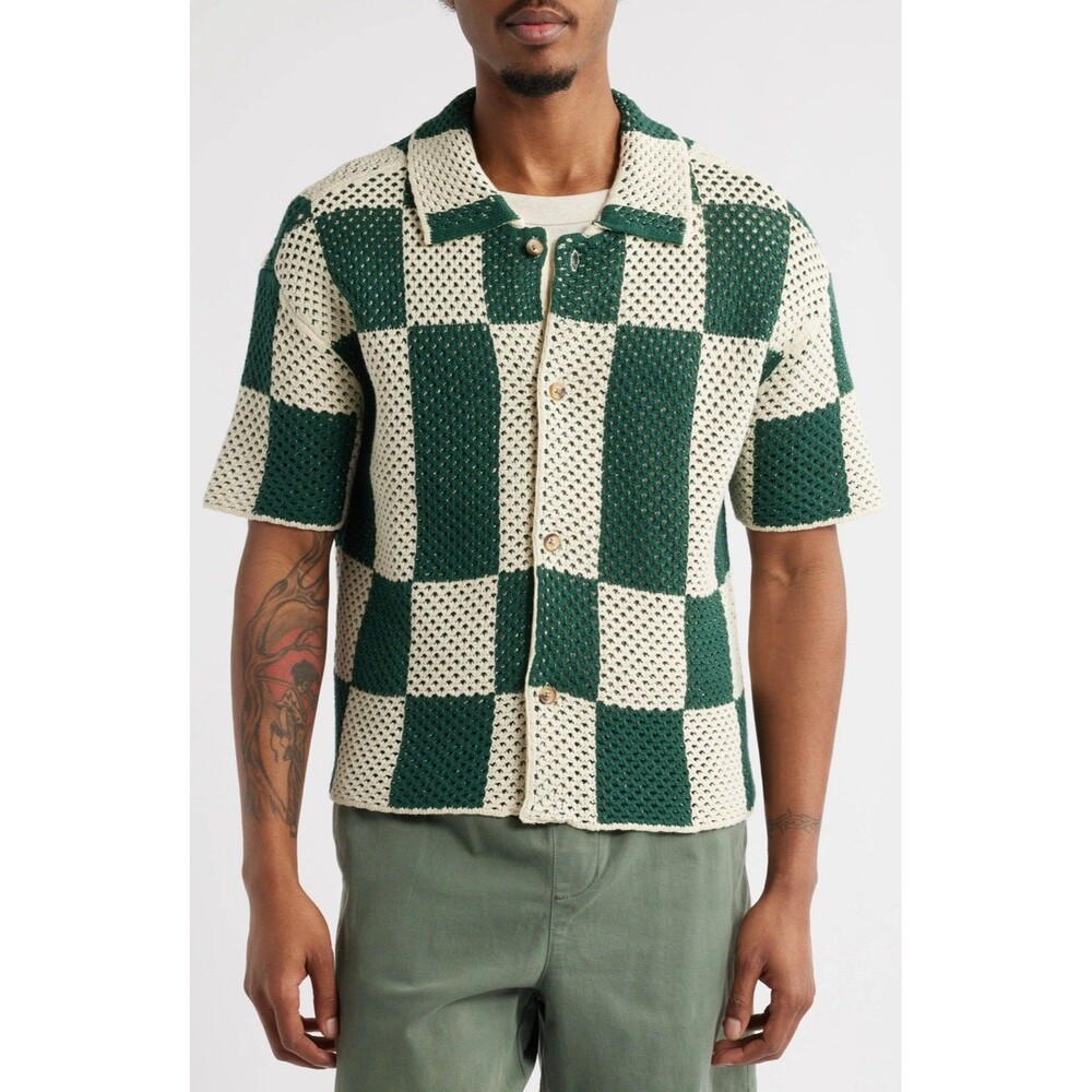 Pacsun Spence Knit Short Sleeve Button Up Shirt Heavyweight Green Cream Checkers
